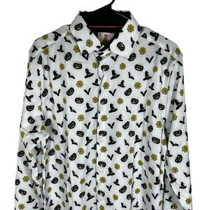 Tom Baine Mens L Halloween Hat Pumpkin All Over Print Button Down Slim Fit